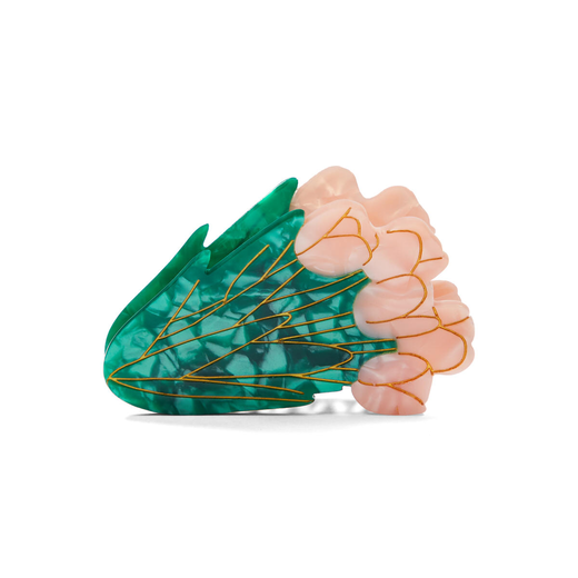 Hair clip in the shape of a bouquet of pink tulips.